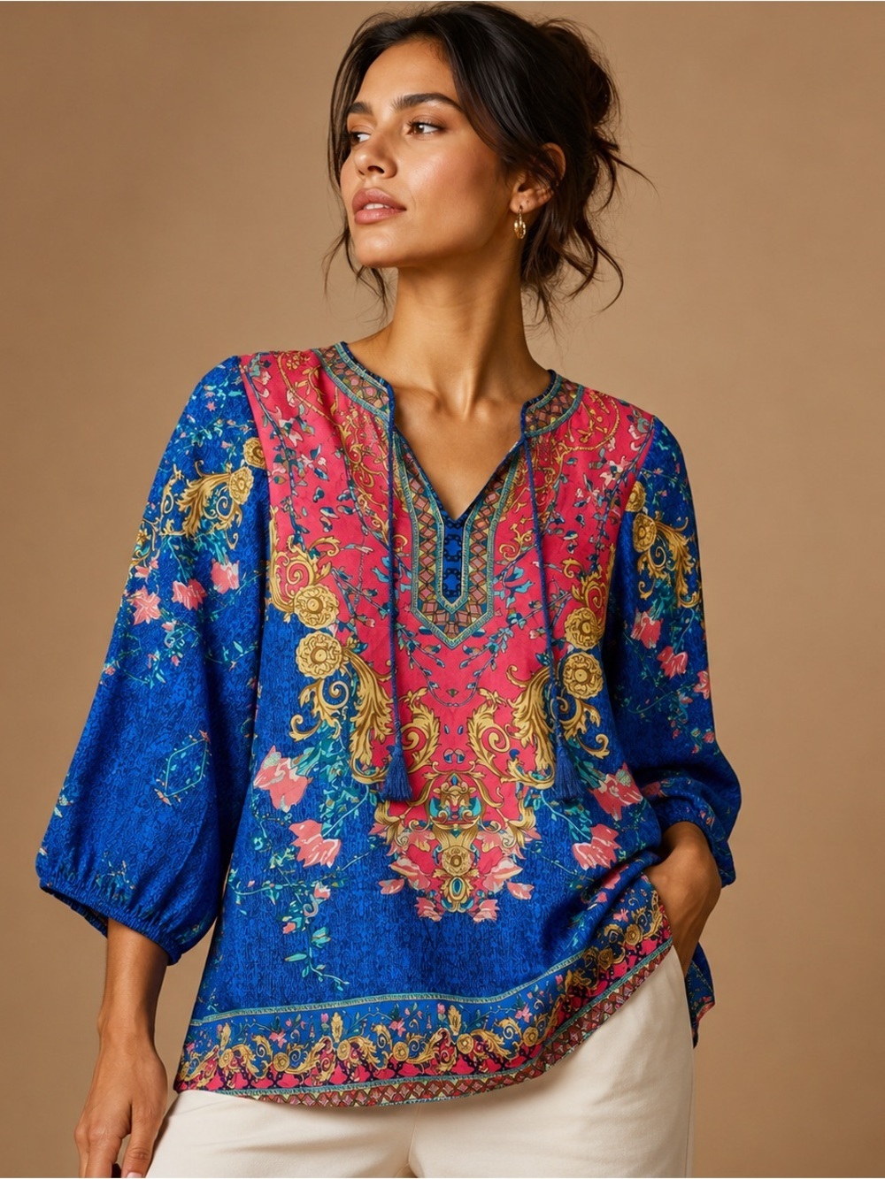 Boho Floral V-Neck Tunic in Blue and Pink